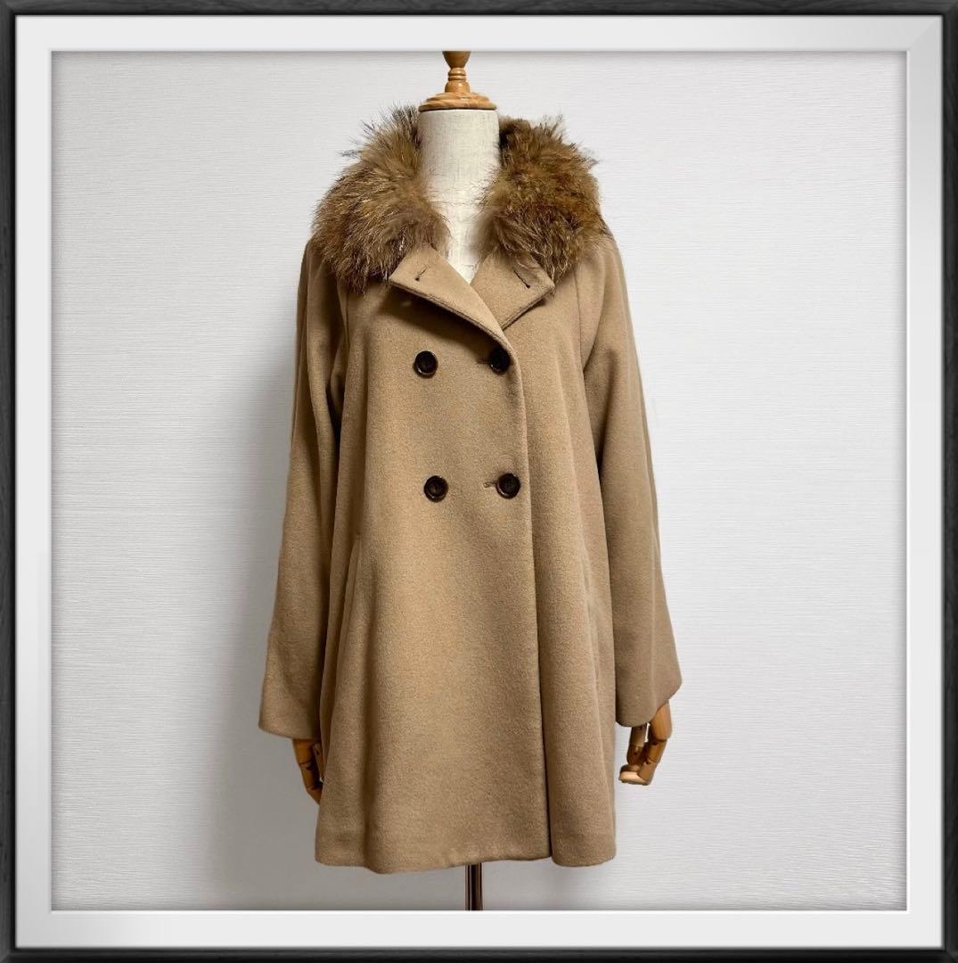 極美品☆ANAYI アナイ アンゴラ混ファー付きノーカラーコート キャメル☆38