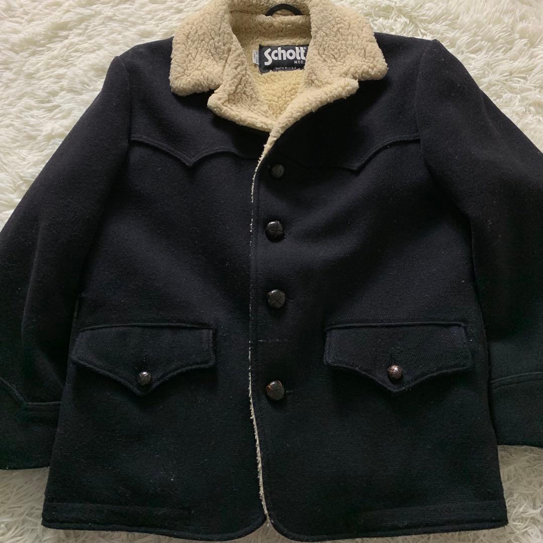 美品■schott ランチコート くるみボタン ネイビー 38