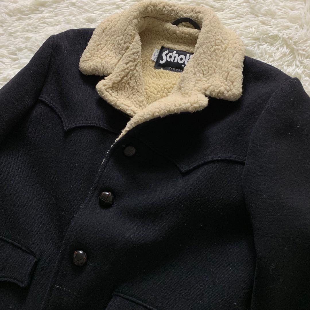 美品■schott ランチコート くるみボタン ネイビー 38
