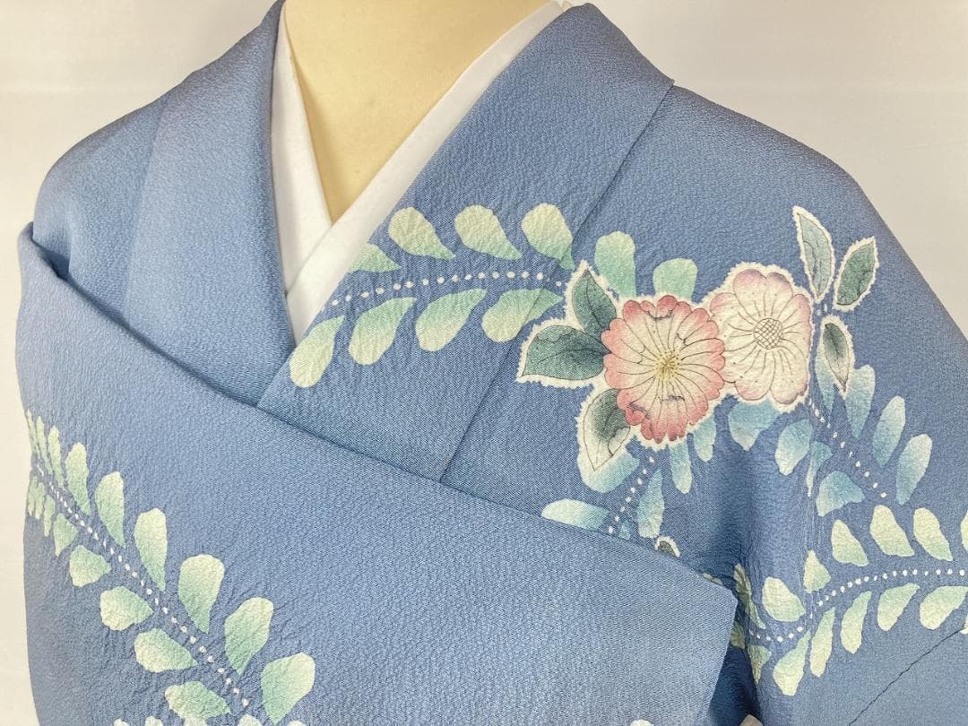 作家物 辻が花 絞り 辻ヶ花 訪問着 正絹 袷 水色 青 ブルー ピンク1396