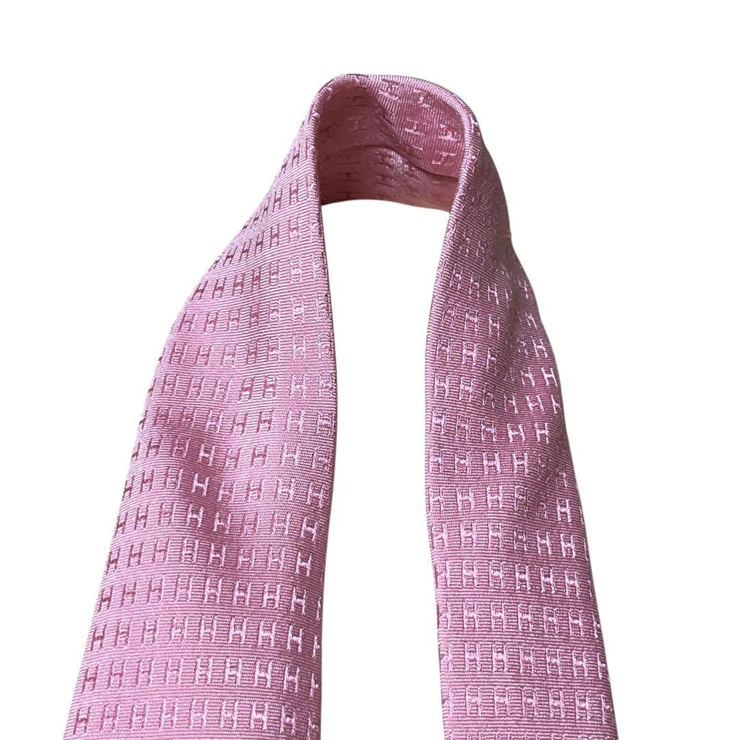 HERMES エルメス　高級ネクタイ　ライトピンク　ファソネ　H柄　ジャガード