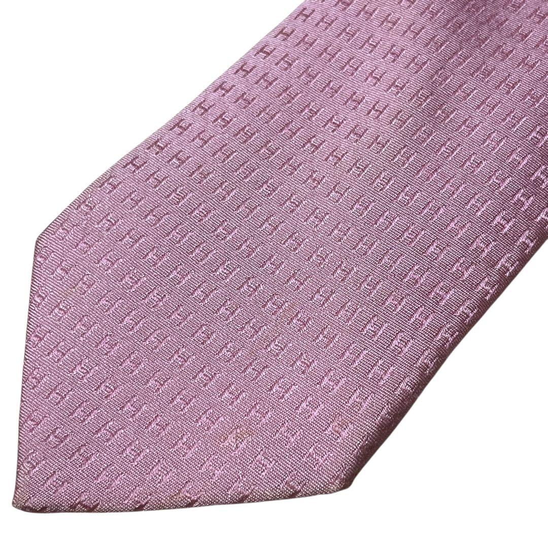 HERMES エルメス　高級ネクタイ　ライトピンク　ファソネ　H柄　ジャガード