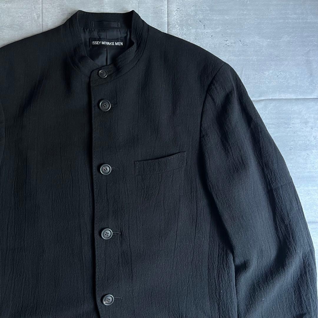 イッセイミヤケメン　リネン×ウール　シワ加工　マオカラー　ジャケット　Mサイズ