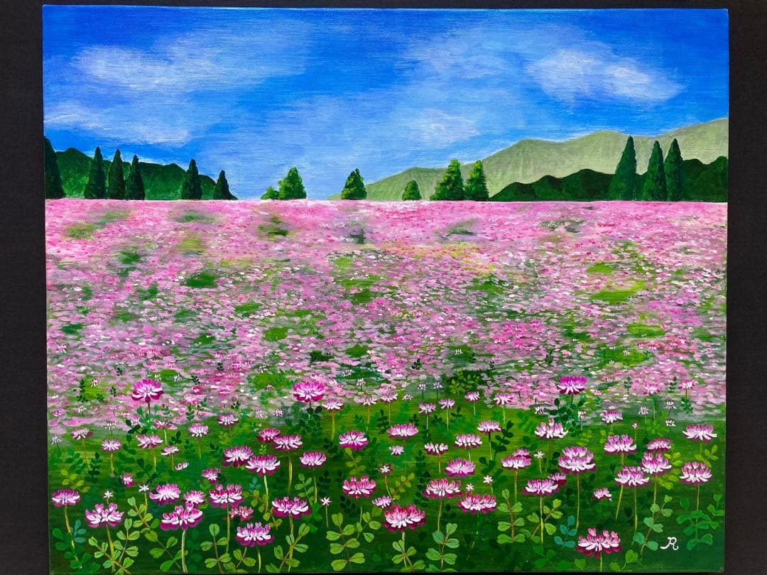 ご依頼品　風景画　花の絵　アクリル画　原画 「れんげ畑2」F8