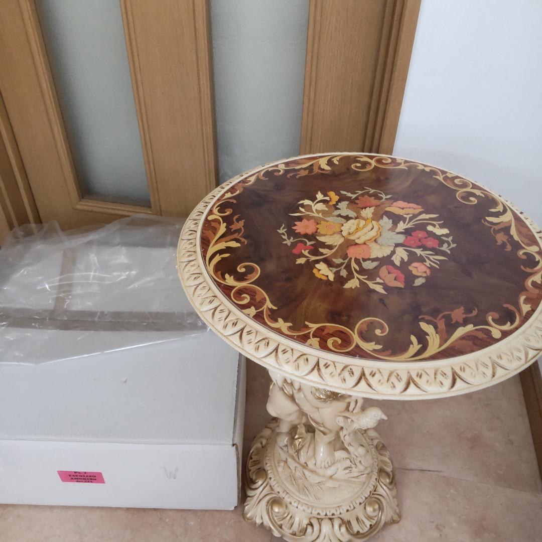 象嵌プリント　西洋アンティーク風　イタリア　サイドテーブル　組み立てテーブル