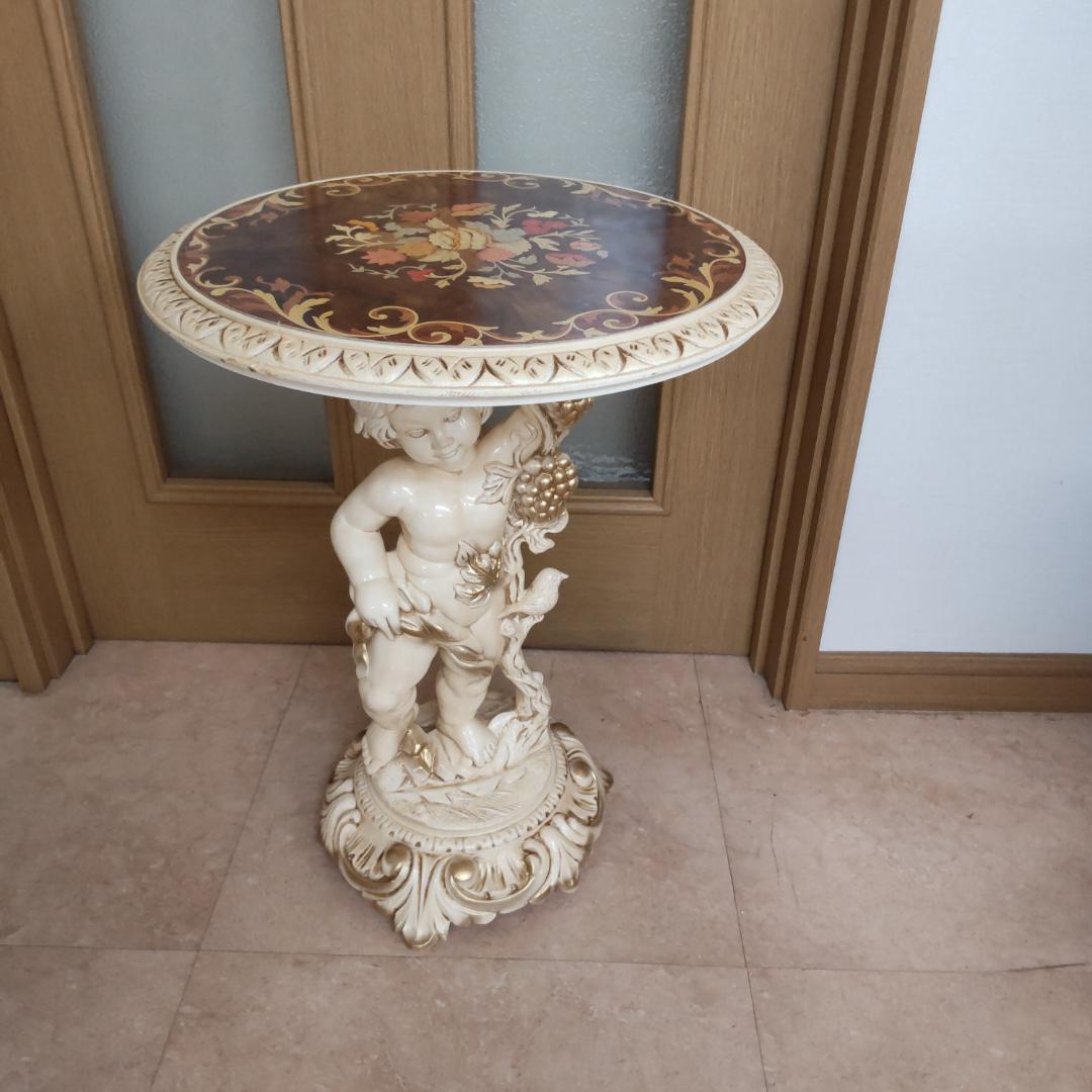 象嵌プリント　西洋アンティーク風　イタリア　サイドテーブル　組み立てテーブル