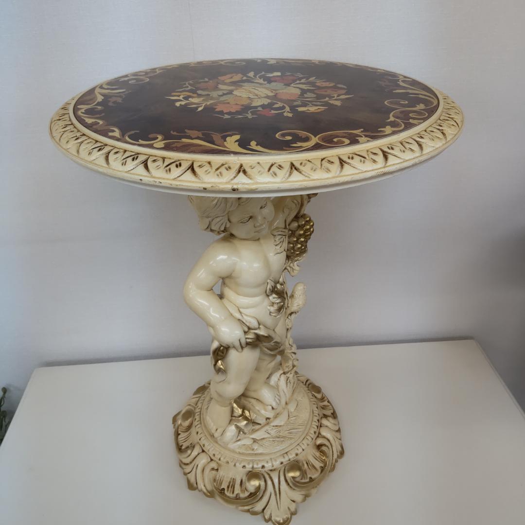 象嵌プリント　西洋アンティーク風　イタリア　サイドテーブル　組み立てテーブル