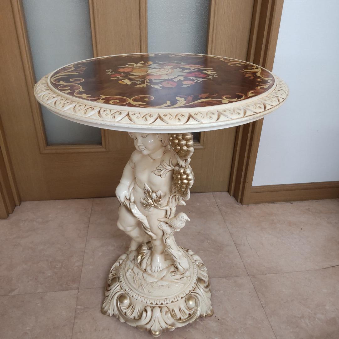 象嵌プリント　西洋アンティーク風　イタリア　サイドテーブル　組み立てテーブル