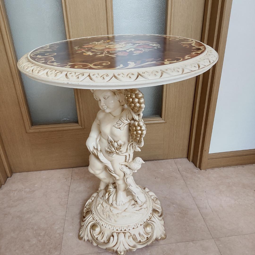 象嵌プリント　西洋アンティーク風　イタリア　サイドテーブル　組み立てテーブル