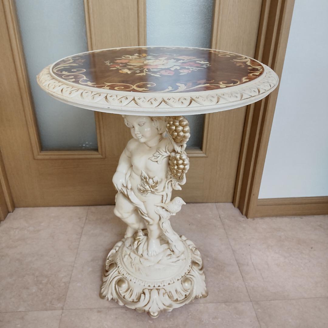 象嵌プリント　西洋アンティーク風　イタリア　サイドテーブル　組み立てテーブル