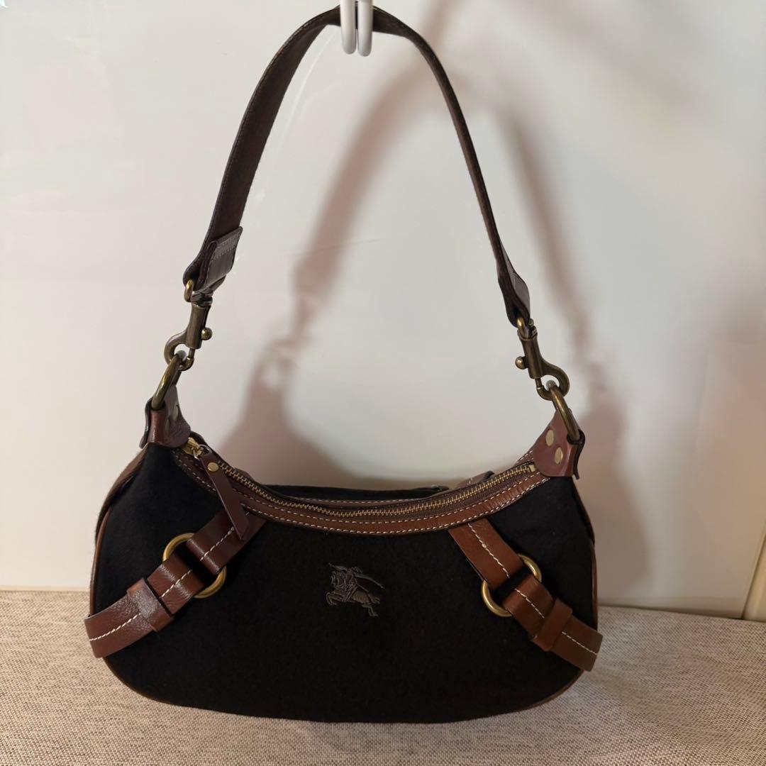 バーバリー ブルーレーベル ショルダーバッグ ウール　レザー ブラック