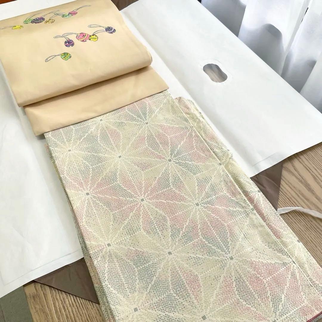 未使用　大島紬　袷仕立て　パステルカラー　名古屋帯（長尺）付き