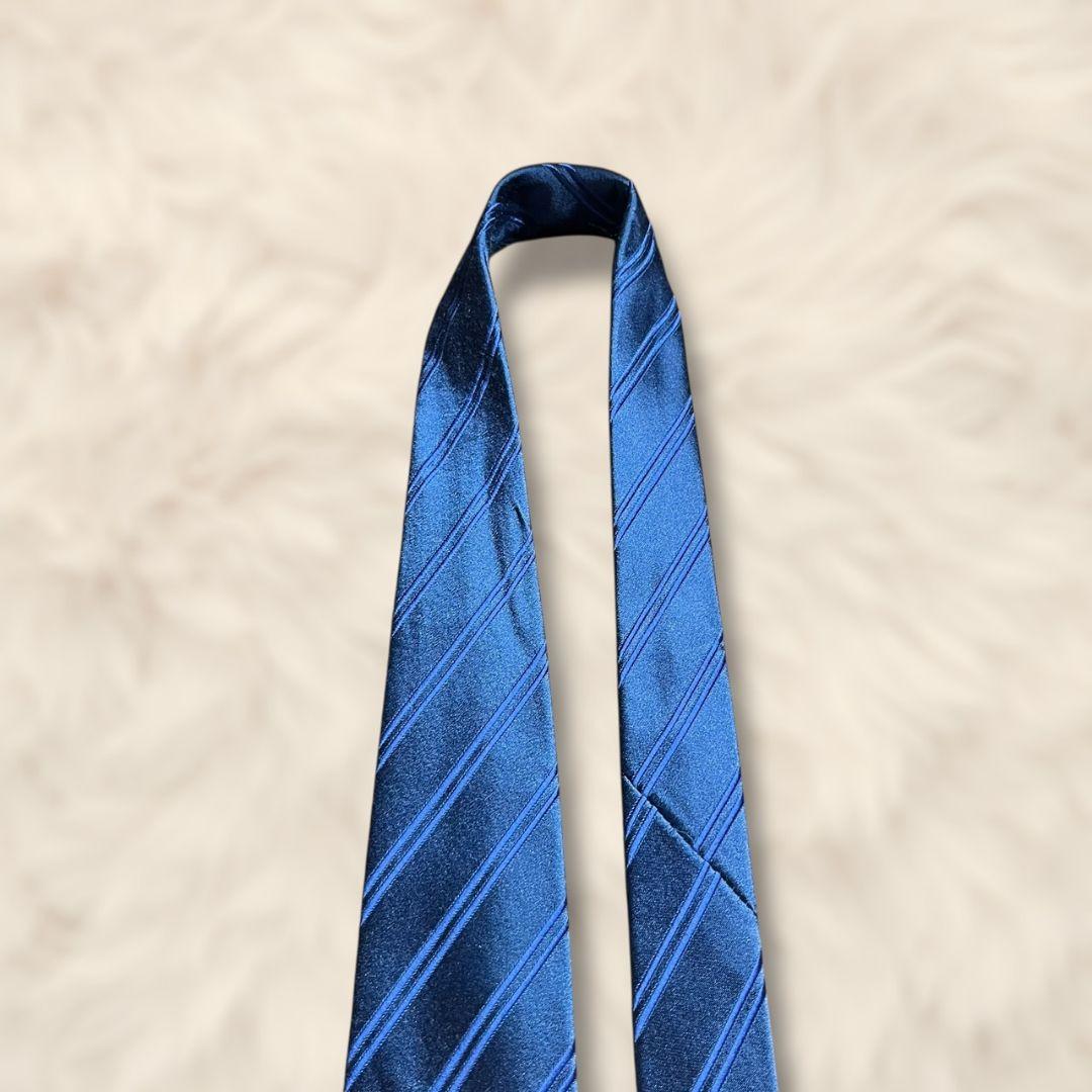 【極美品✨】シャルべ ダブルストライプ柄 サテン織り ブルー 光沢 ネクタイ