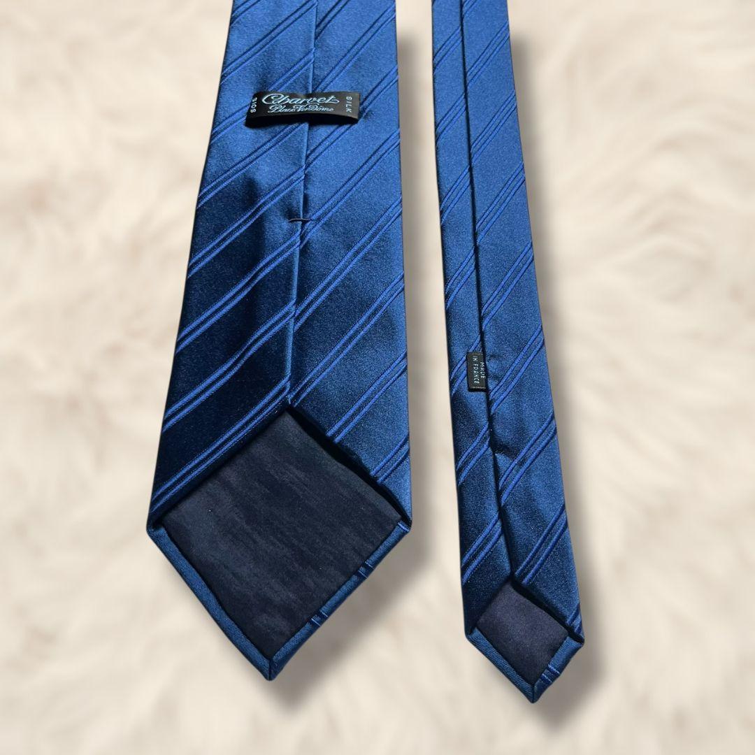 【極美品✨】シャルべ ダブルストライプ柄 サテン織り ブルー 光沢 ネクタイ
