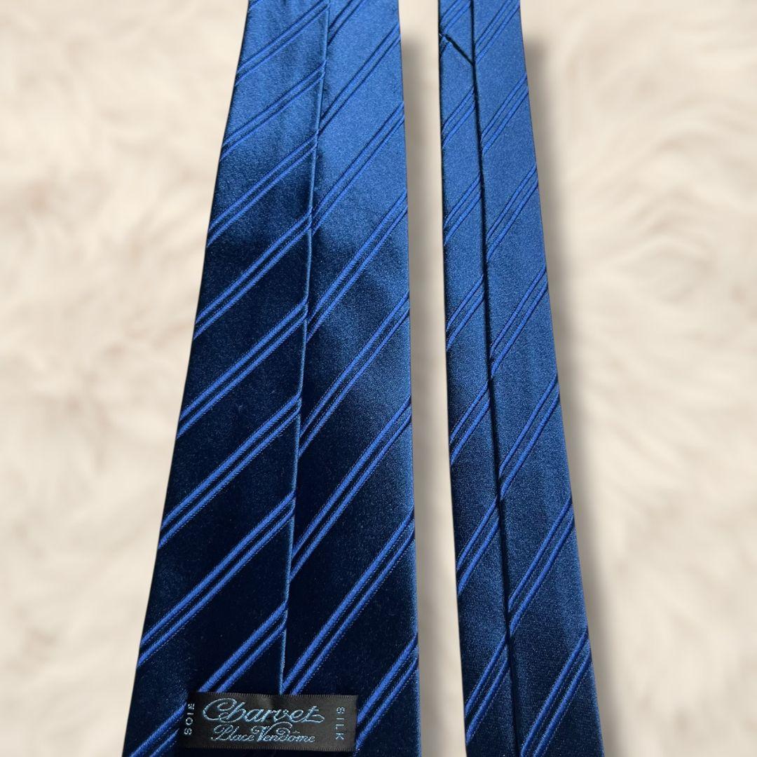 【極美品✨】シャルべ ダブルストライプ柄 サテン織り ブルー 光沢 ネクタイ