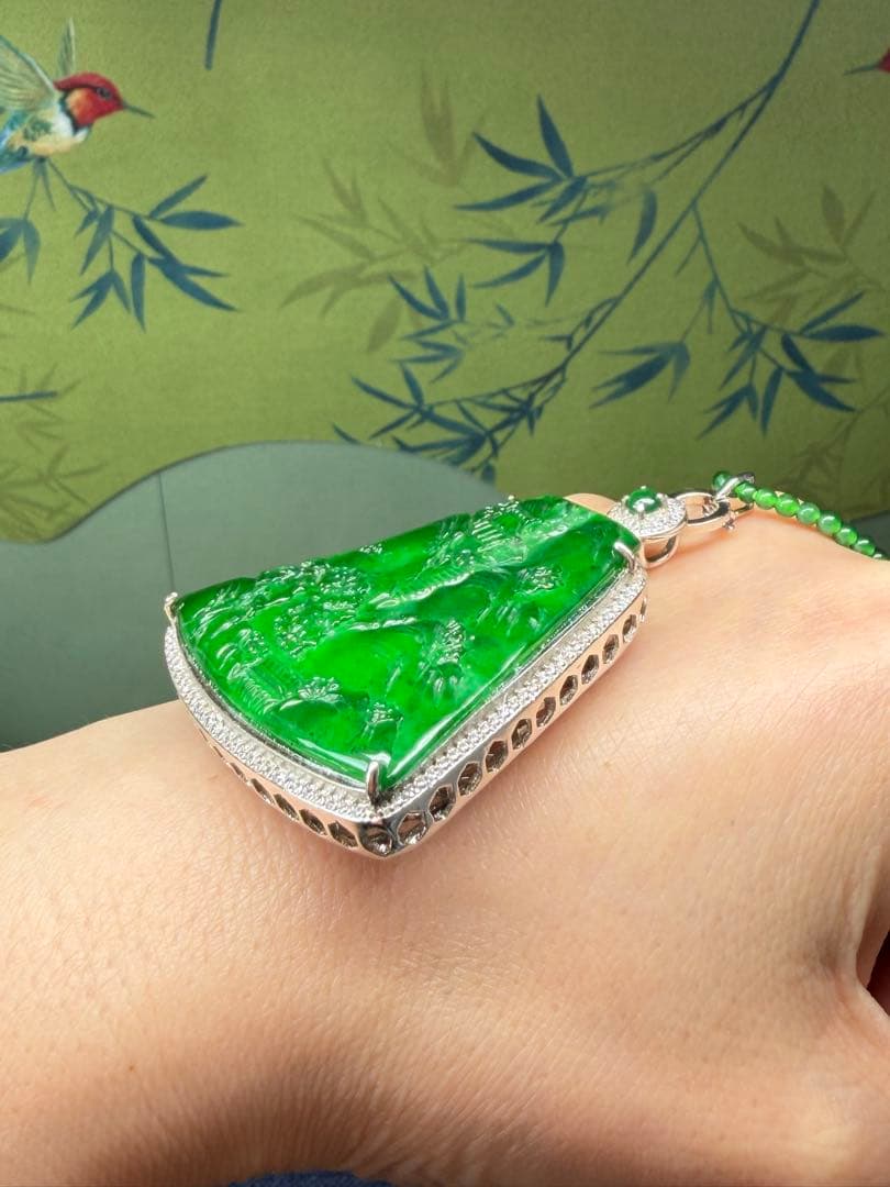 コレクション品❣️ロウカン質翡翠 氷陽緑【錦繍山河】収蔵証明書と鑑定書2点付き