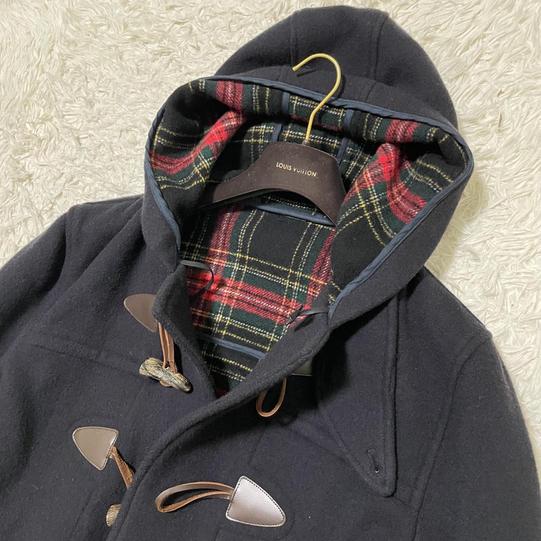 未使用に近い　ヴァンヂャケット　カシミヤダッフルコート　L　ネイビー　チェック柄