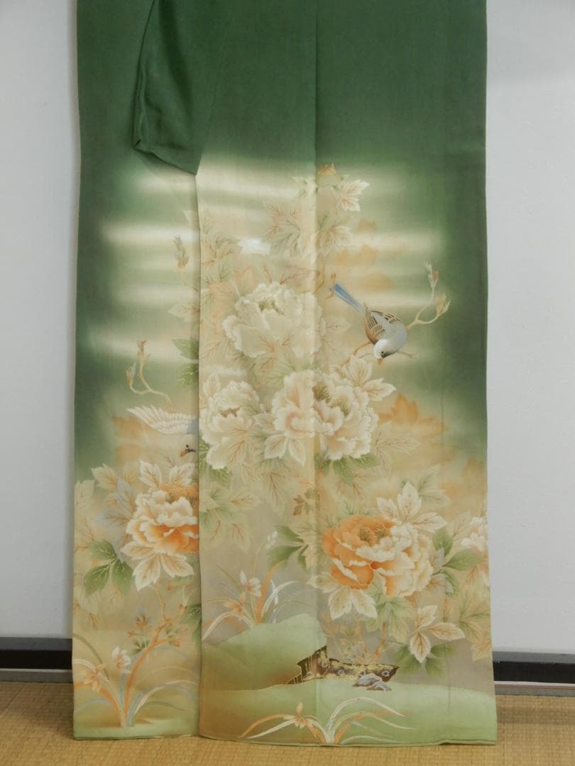 正絹・アンティーク着物・鳥花文様・大正浪漫・現代 縫い直し着物