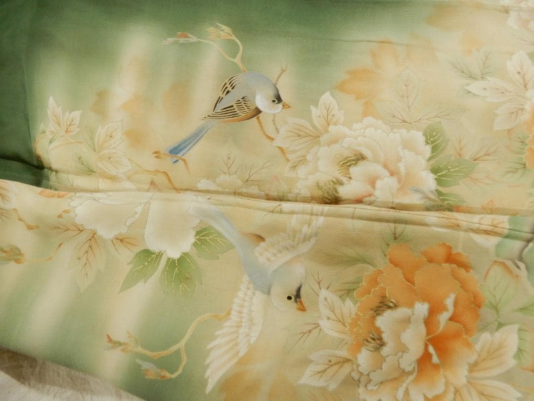 正絹・アンティーク着物・鳥花文様・大正浪漫・現代 縫い直し着物