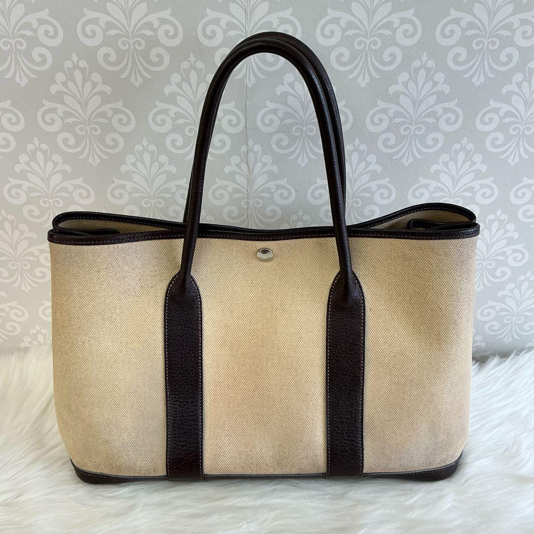 エルメス ガーデンパーティーPM トートバッグ トワルアッシュキャンバス レザー