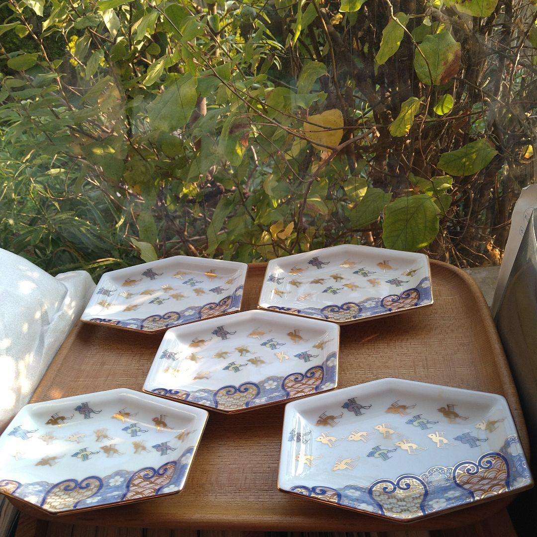 【未使用】有田焼 其泉賞美堂金彩色絵千鳥祥瑞長角皿５枚セット銘々皿古伊万里