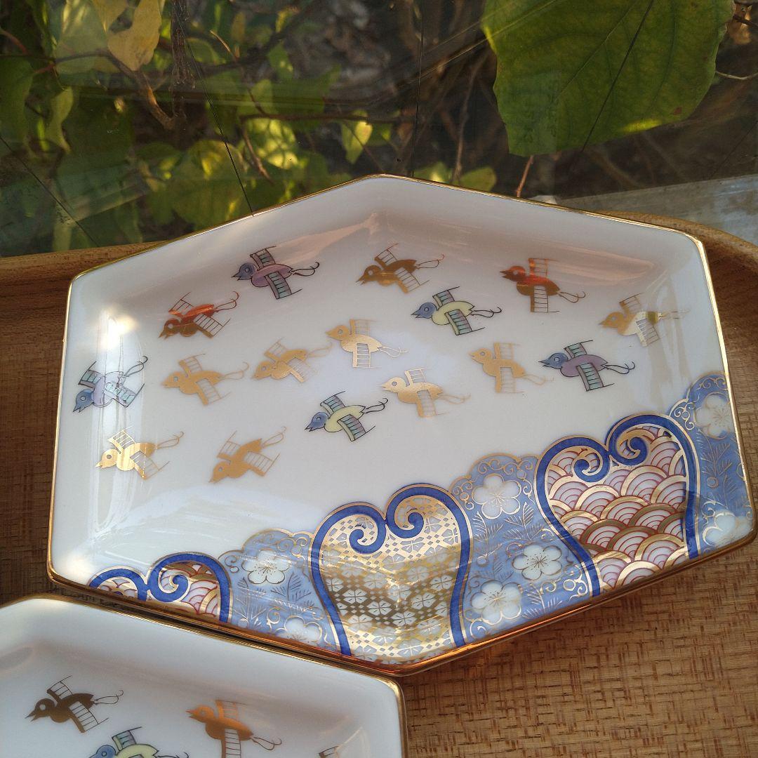 【未使用】有田焼 其泉賞美堂金彩色絵千鳥祥瑞長角皿５枚セット銘々皿古伊万里