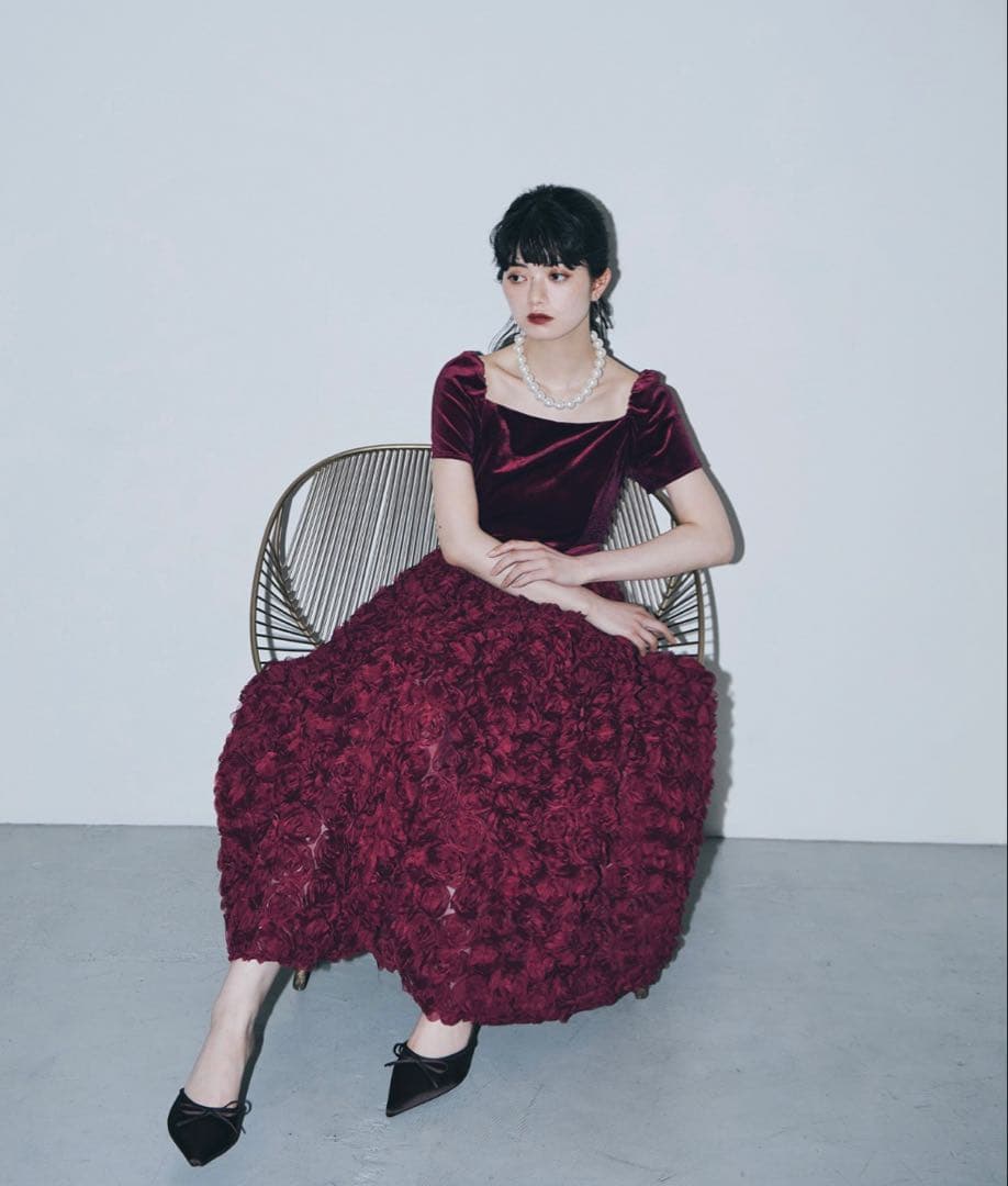 ドレス ベロアロゼットフレアドレス