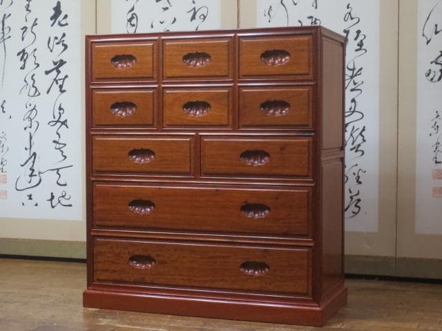 美品 総唐木 花梨 無垢材 10杯 抽斗 民芸 箪笥/チェスト/整理タンス