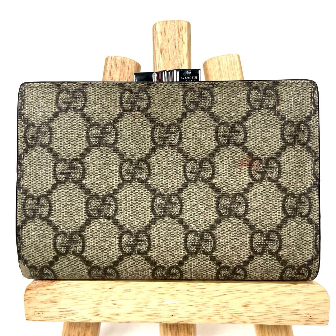 グッチ　折り財布　GGスプリーム　ロゴ総柄　がま口　ミディアム　PVC レザー