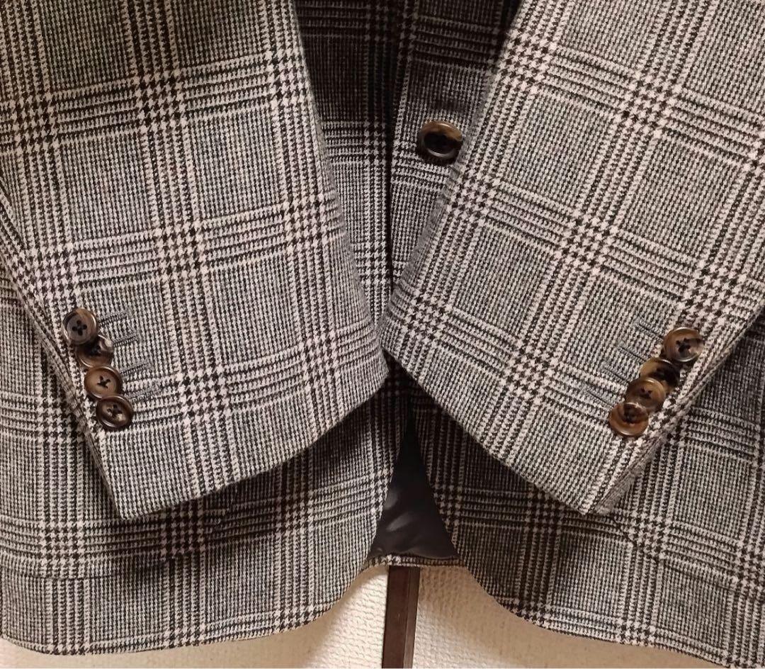 麻布テーラー　アンゴラ カシミヤ混　テーラードジャケット　チェック柄　グレー46