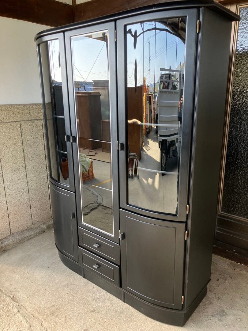 【★Boss★】大容量 ガラス扉付き食器棚 ブラック