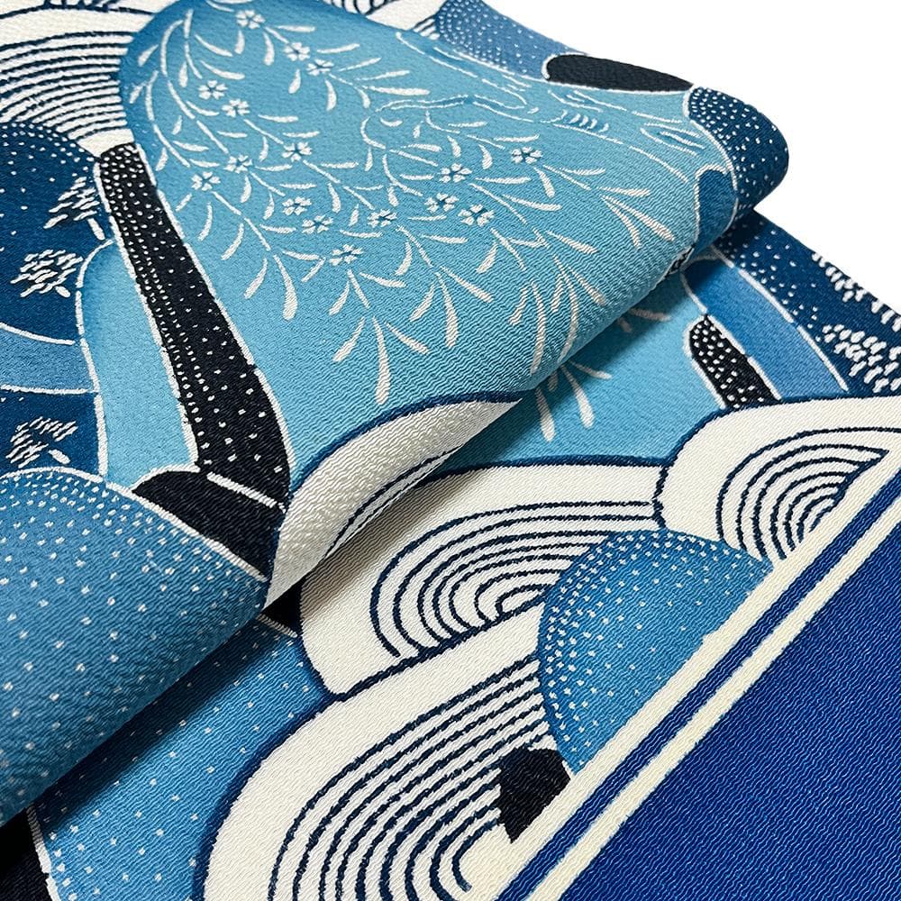 名古屋帯 紅型染 正絹 中古 青 縮緬 山 花 九寸 藍型 No.ymo0111