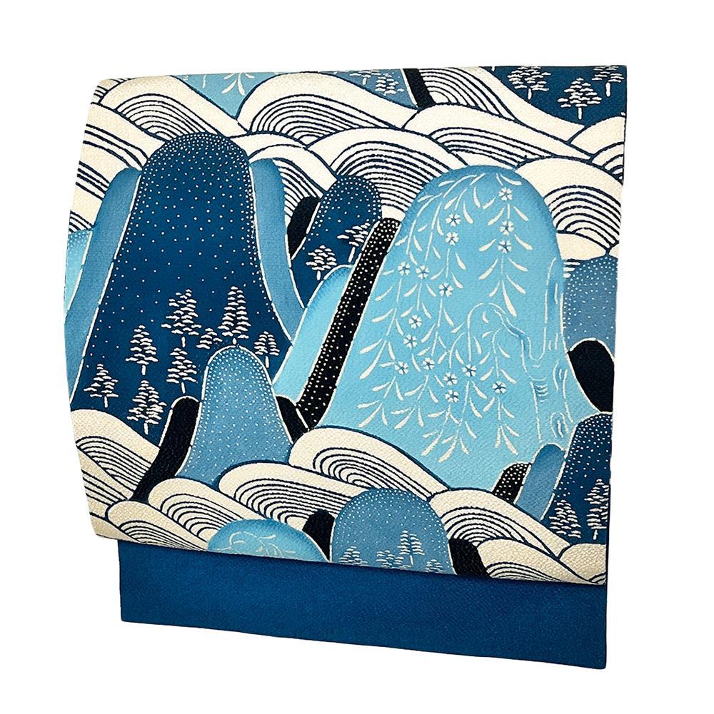 名古屋帯 紅型染 正絹 中古 青 縮緬 山 花 九寸 藍型 No.ymo0111