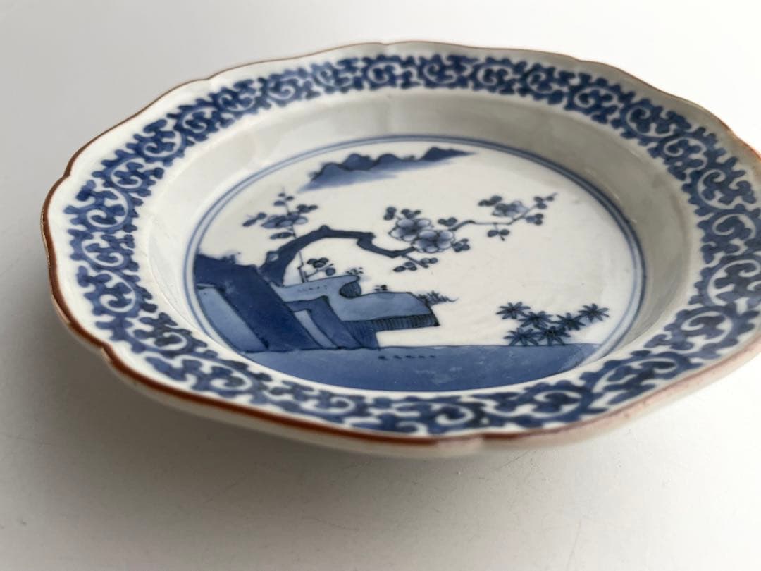 骨董　アンティーク　藍柿右衛門　梅図　蛸唐草文　輪花縁　膾皿　向付　縁錆