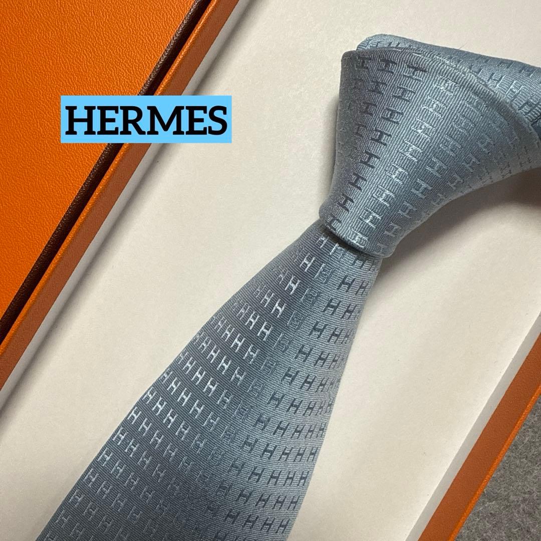 エルメス　ネクタイ　水色ブルー　H柄H織ファソネ　結婚式