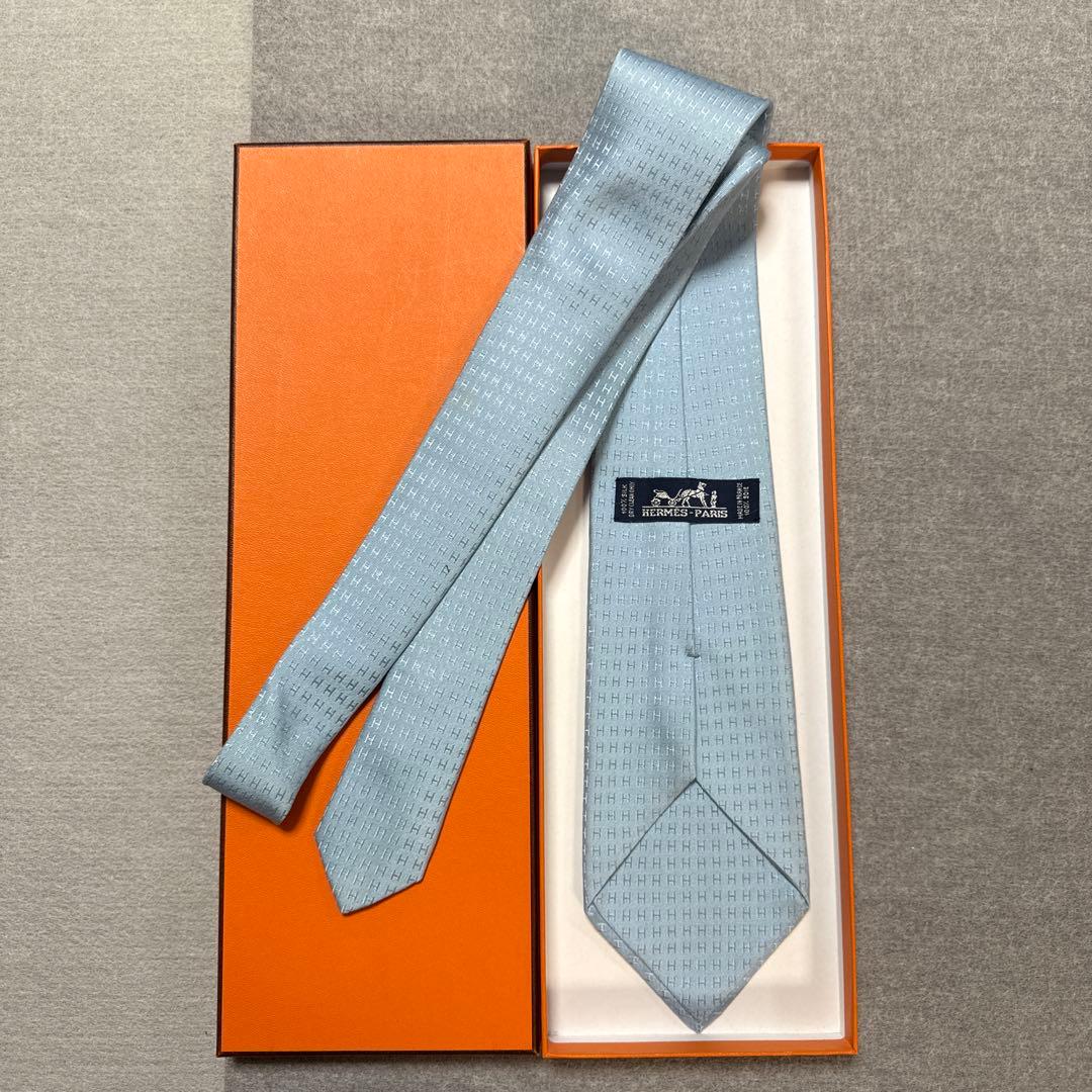 エルメス　ネクタイ　水色ブルー　H柄H織ファソネ　結婚式