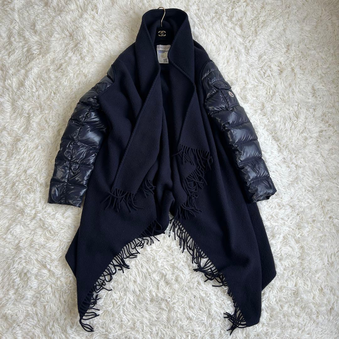 【美品】モンクレール マンテラ ショール ダウン切り替え ポンチョ 紺