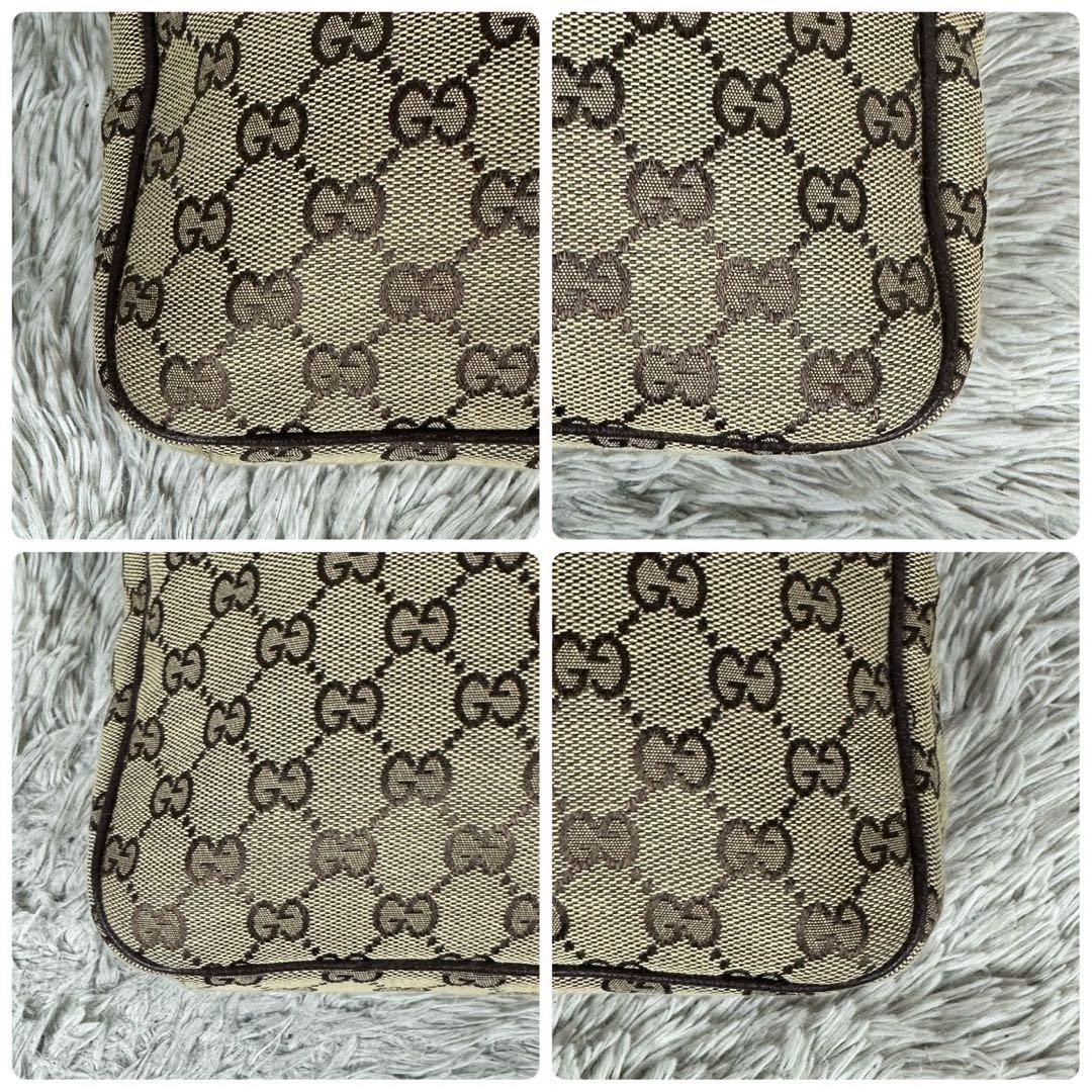 美品 グッチ キャンバス ショルダーバッグ GG柄 ロゴ型押し ファスナー 茶