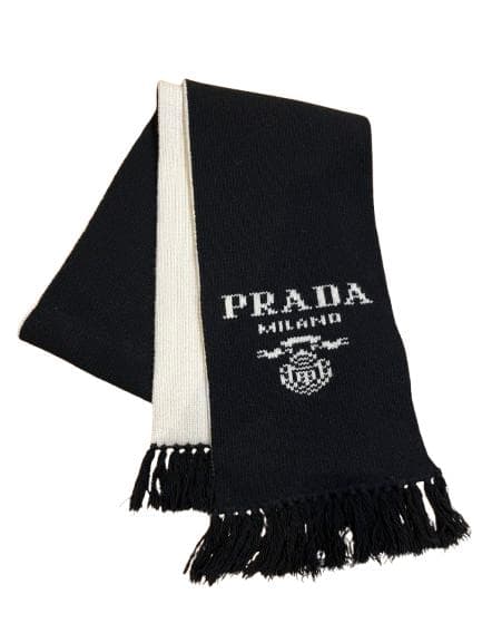 プラダ　ブラック&ホワイト　インターシャ リバーシブル　ロゴ　マフラー