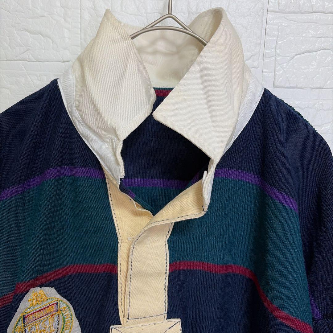 希少2XLT 90s BARBARIAN 厚手ラガーシャツ ボーダー 刺繍ロゴ