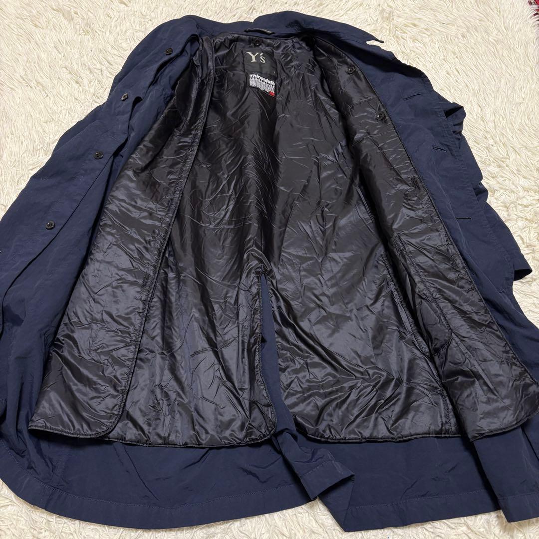 希少 Y's 中綿 コート ステンカラーコート ロング ネイビー S ナイロン