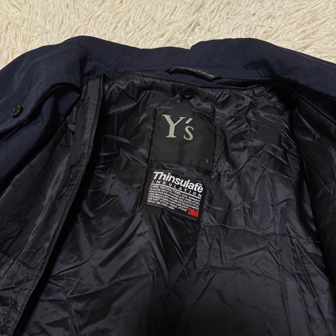 希少 Y's 中綿 コート ステンカラーコート ロング ネイビー S ナイロン