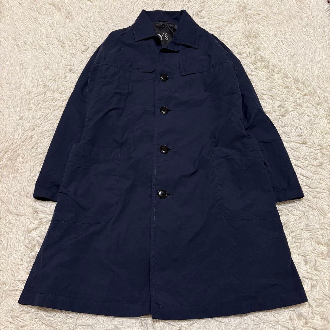希少 Y's 中綿 コート ステンカラーコート ロング ネイビー S ナイロン