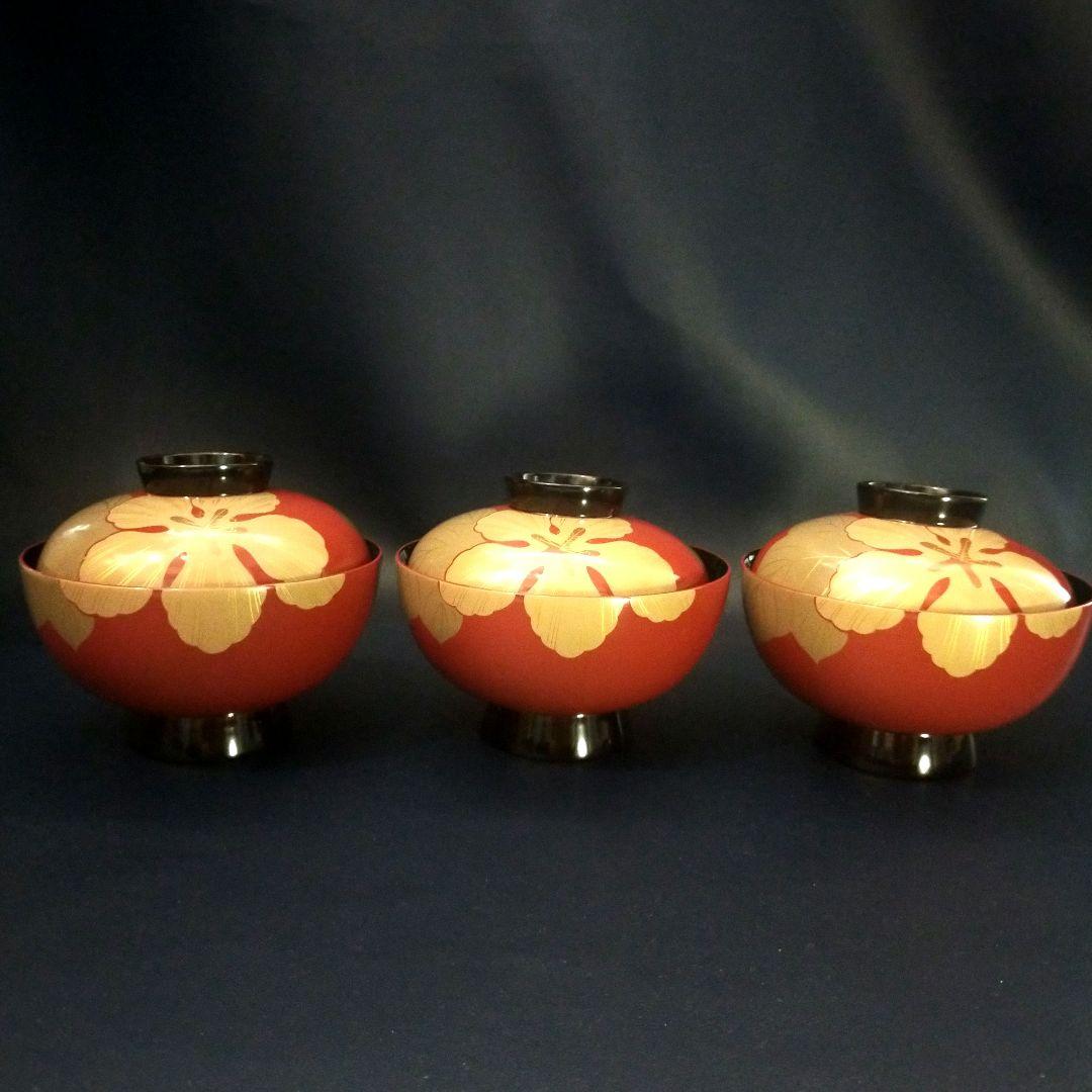 能登輪島塗 朱漆内黒 芙蓉花蒔絵のお椀 5客