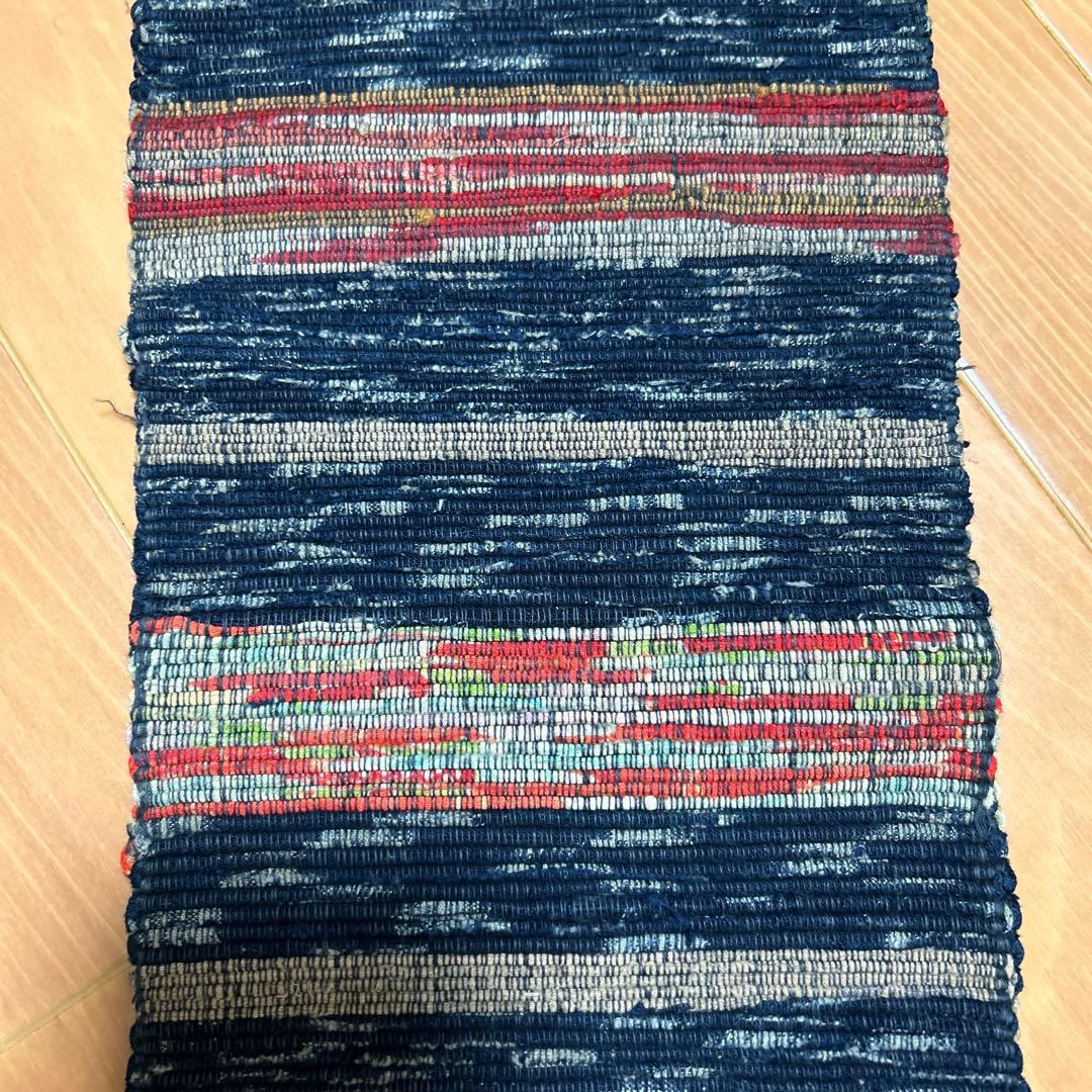裂き織り 裂織 半幅帯 16×324 寒色 藍 赤 タペストリー　ヴィンテージ