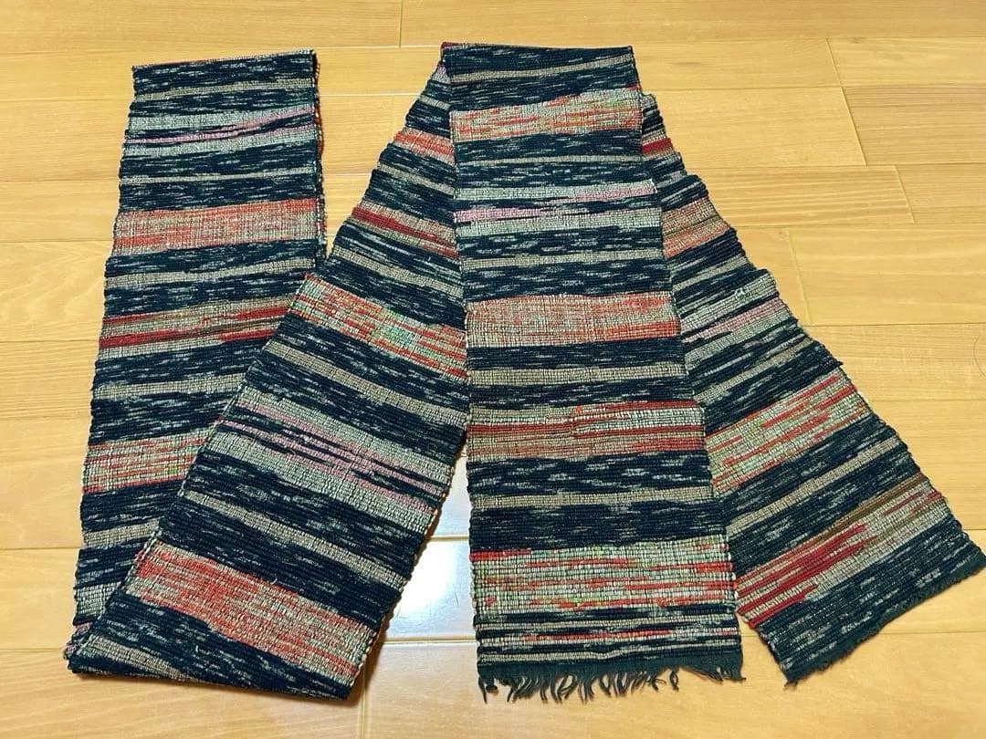 裂き織り 裂織 半幅帯 16×324 寒色 藍 赤 タペストリー　ヴィンテージ