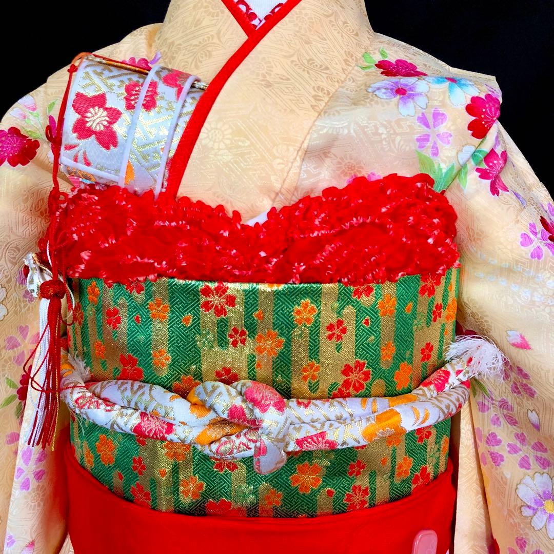 【正絹】 七五三　7歳　絵羽　桜　刺繍　着物　四つ身　作り帯　セット　女の子