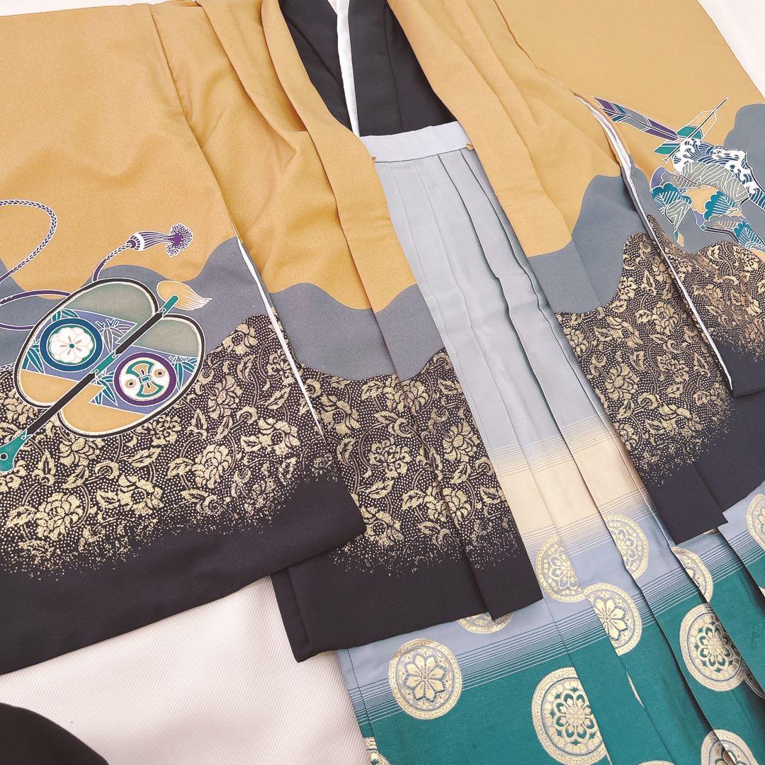 【aloha】七五三5歳男の子　羽織袴セット　カラシ色　黒　兜柄