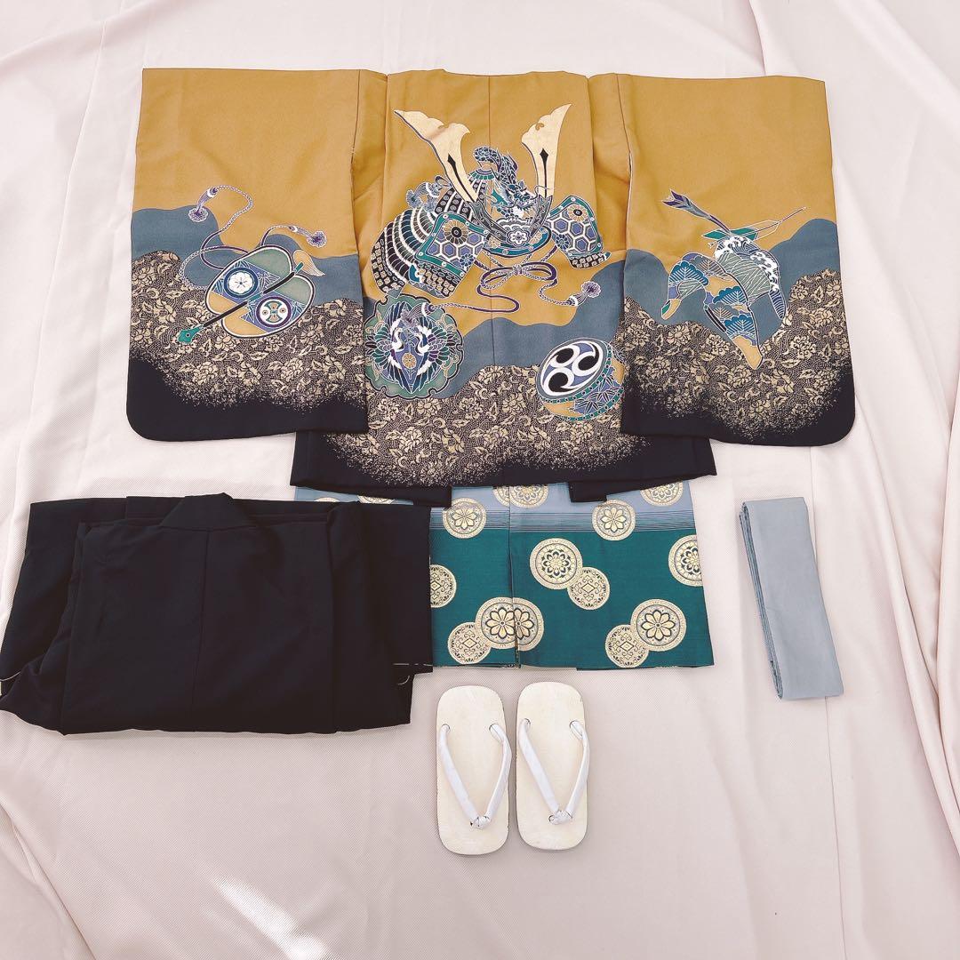 【aloha】七五三5歳男の子　羽織袴セット　カラシ色　黒　兜柄