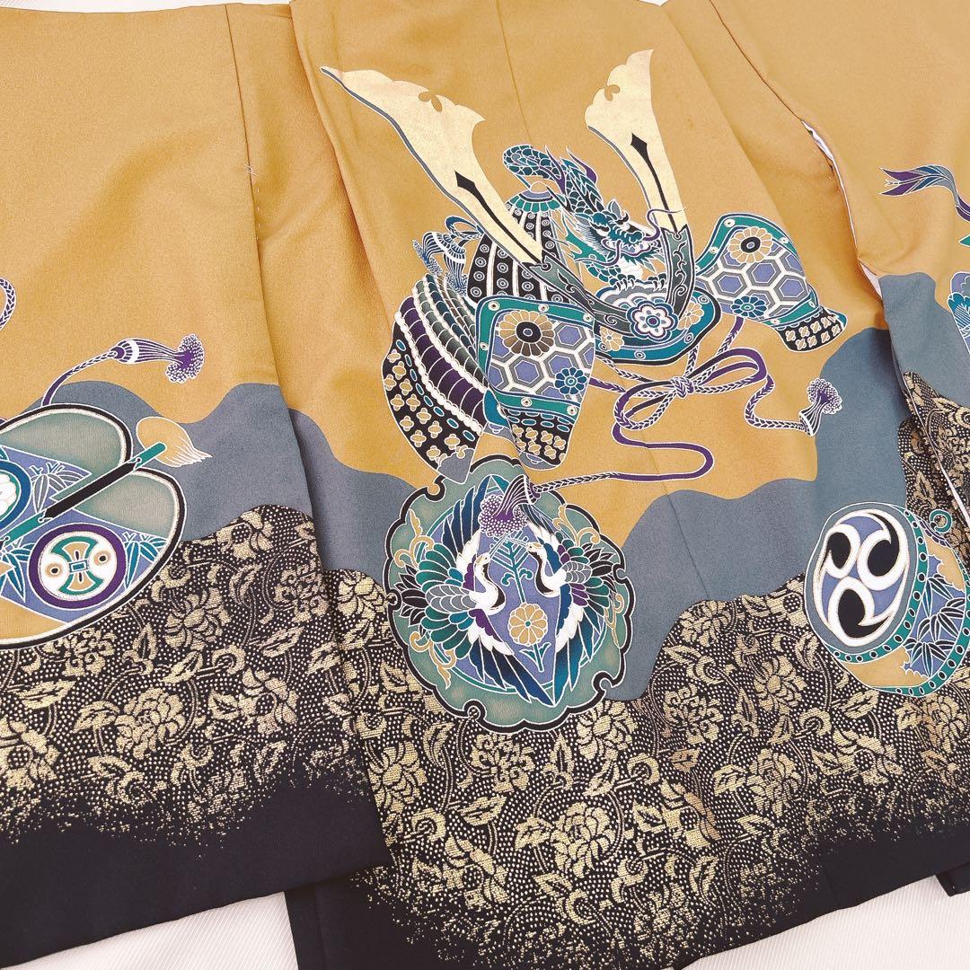 【aloha】七五三5歳男の子　羽織袴セット　カラシ色　黒　兜柄